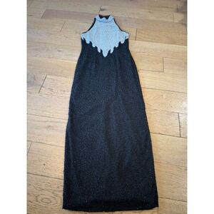 Vintage Ibiza Black Beaded Silk Gown Halter Top Maxi Evening Dress Formal (744)